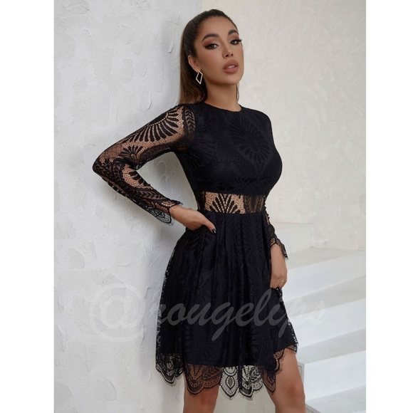 Black Elegant Dress Scallop Trim, Zipper Closure Long Sleeve Short, Mini, Lace - Picture 3 of 10